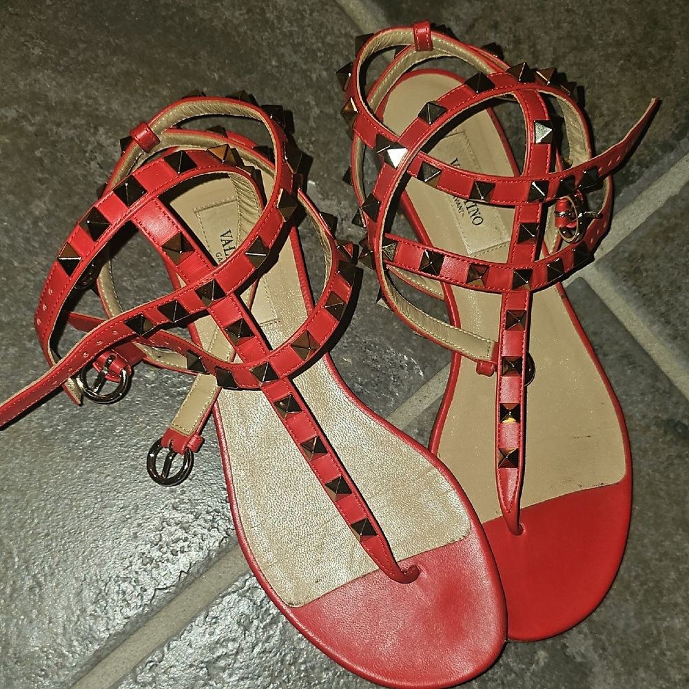Valentino Authentic Red Studded Sandals with Ankle Straps. Flats.